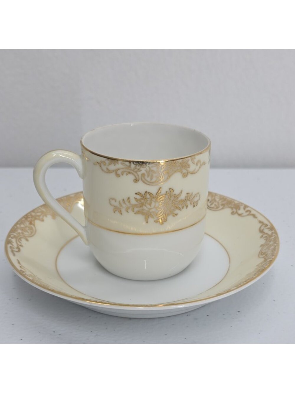 VTG Noritake Demitasse Cup Saucer Yellow Gold Scroll Pattern Hand Painted EUC